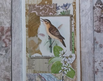 Handmade Greetings Card. OOAK Collage Card. Vintage Style Card. Recycled Materials. Handmade Paper. Bird and Floral Design Card.