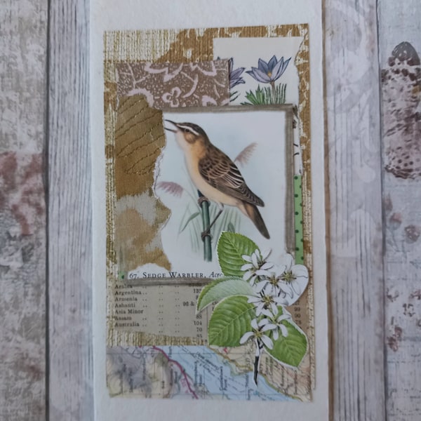 Handmade Greetings Card. OOAK Collage Card. Vintage Style Card. Recycled Materials. Handmade Paper. Bird and Floral Design Card.