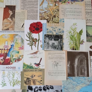 May include: A collage of vintage paper ephemera featuring botanical illustrations, black and white photographs of people with bicycles, a Hoover vacuum advertisement, a map of Minnesota, a landscape of Scotland, and various text-heavy book pages.