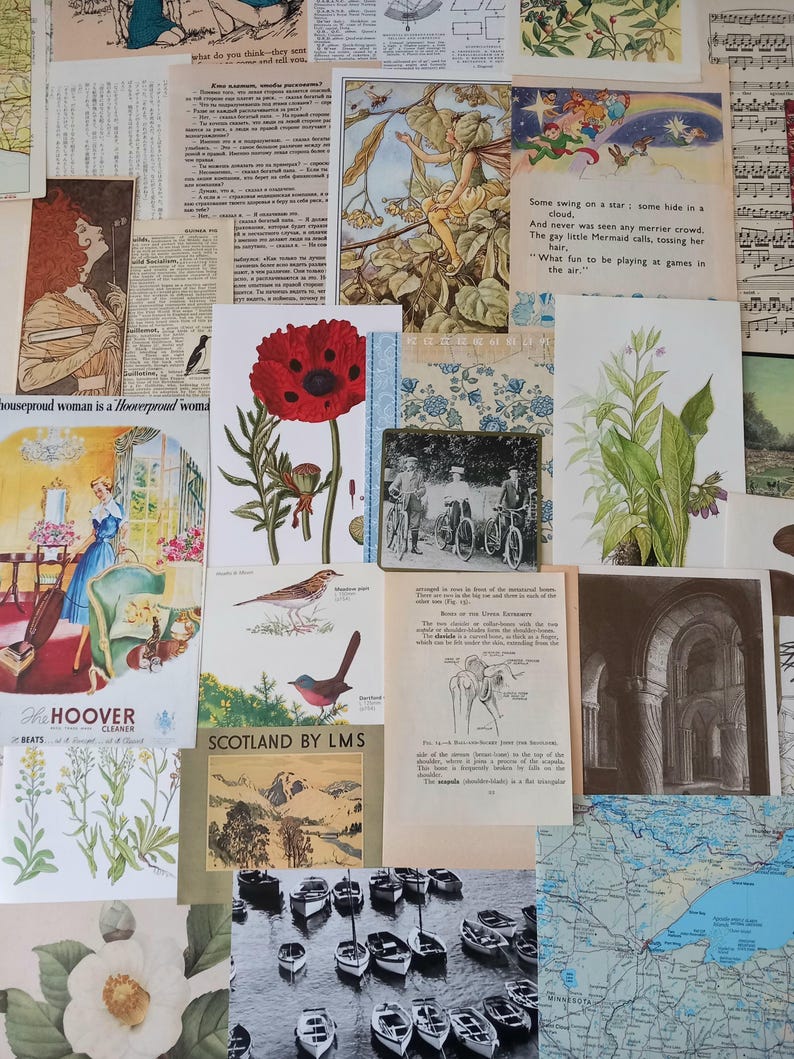 May include: A collage of vintage paper ephemera featuring botanical illustrations, black and white photographs of people with bicycles, a Hoover vacuum advertisement, a map of Minnesota, a landscape of Scotland, and various text-heavy book pages.