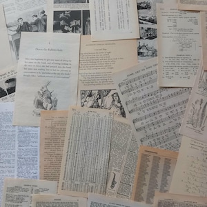 May include: A collection of vintage paper pages featuring diverse printed content including black and white illustrations, musical notation, mathematical tables, dictionary entries, and excerpts from literary works like Alice in Wonderland.