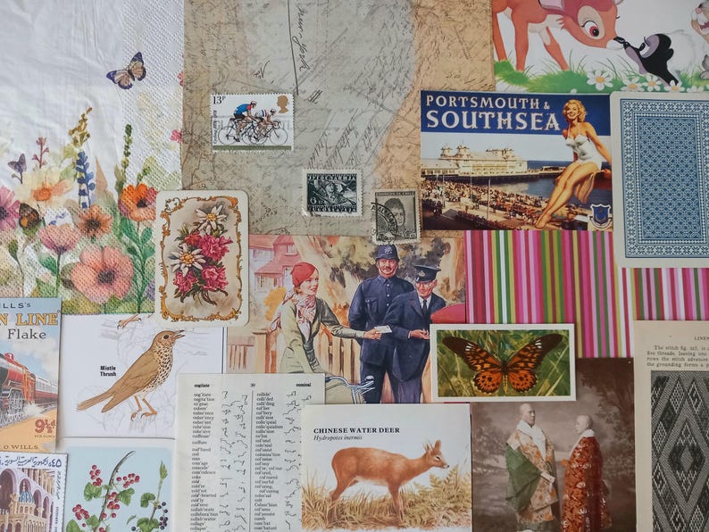 May include: A collage of vintage ephemera featuring a floral napkin, postage stamps, a Portsmouth and Southsea postcard, a bird illustration, a Chinese Water Deer print, a playing card back, and historical photographs arranged on a textured surface.