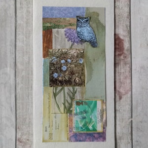 Carte de collage fait main. Carte de voeux faite main OOAK. Papier fait main et enveloppe. Matériaux recyclés. Carte d'art de collage unique. Carte de hibou.