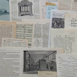 May include: A collage of vintage paper scraps featuring black and white printed text, musical notation, technical diagrams of machinery, and dictionary entries in various languages including English, Greek, and Arabic, layered to create a textured surface.