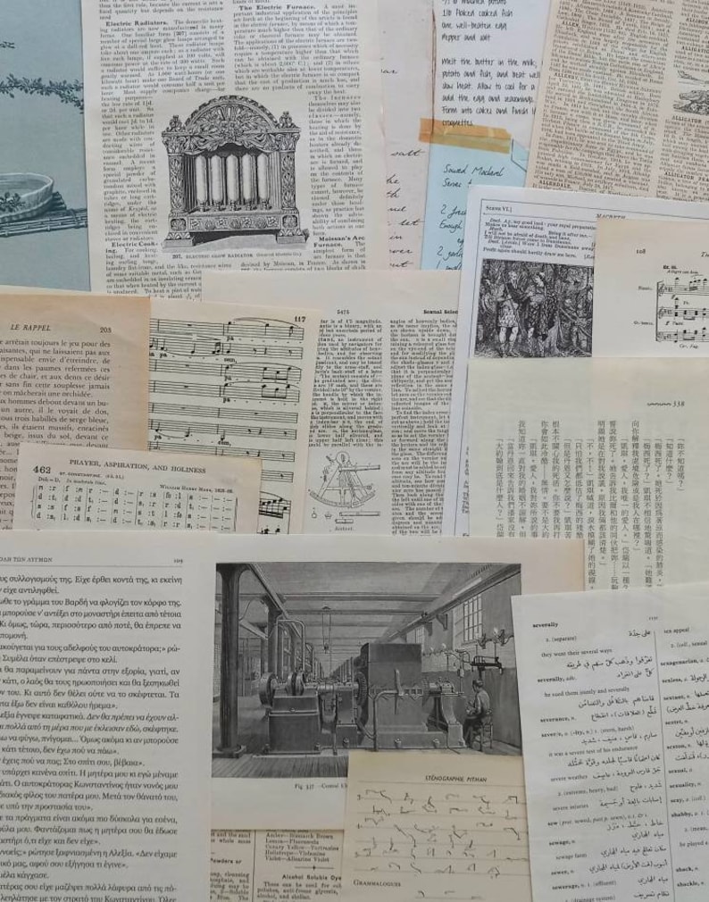 May include: A collage of vintage paper scraps featuring black and white printed text, musical notation, technical diagrams of machinery, and dictionary entries in various languages including English, Greek, and Arabic, layered to create a textured surface.