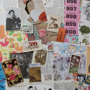 May include: A collection of vintage ephemera including a Vogue magazine cover, pink numbered admission tickets, botanical illustrations, postage stamps, playing cards, black and white photographs, and dictionary pages arranged in a collage.