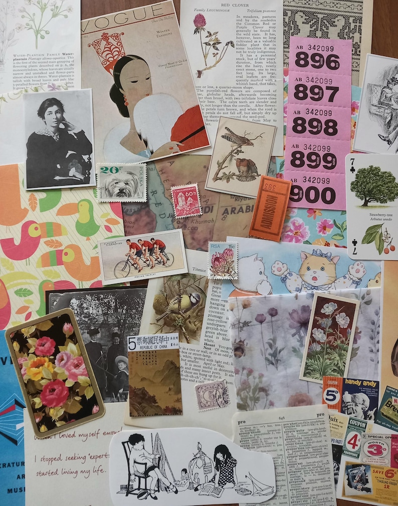 May include: A collection of vintage ephemera including a Vogue magazine cover, pink numbered admission tickets, botanical illustrations, postage stamps, playing cards, black and white photographs, and dictionary pages arranged in a collage.
