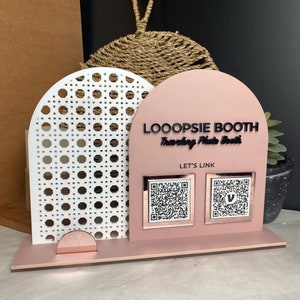 Acrylic Table Top Display w/ Rattan Wood Pattern | QR Code Sign with Business Card Holder | Let's Get Social QR Code Sign