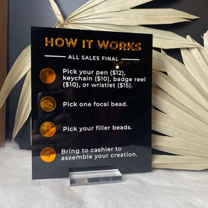 Custom How It Works Sign | Table Top Display Sign with Acrylic 3D Icons | Engraved Acrylic How To Sign