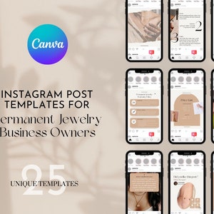 25 Instagram Templates for Jewelry Maker & Business Owners | Aesthetic Social Media Posts Editable in Canva | Permanent Jewelry Business
