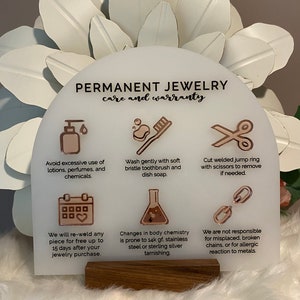 Permanent Jewelry - The Original Care & Warranty Sign | Table Top Display Sign with Acrylic 3D Icons | Engraved Permanent Jewelry Sign