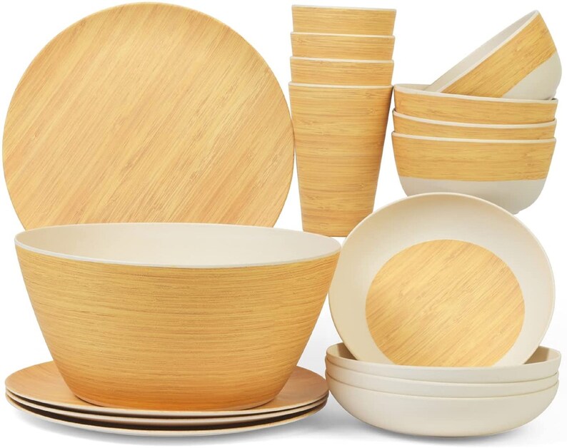 Bamboo Plates and Bowls Set Fiber Plates Bowls Cups and Plates Etsy