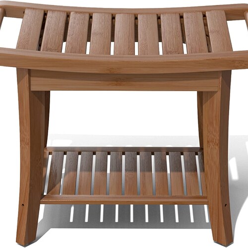 Solid Bathroom Bamboo Shower Chair Bench With Storage Shelf Etsy