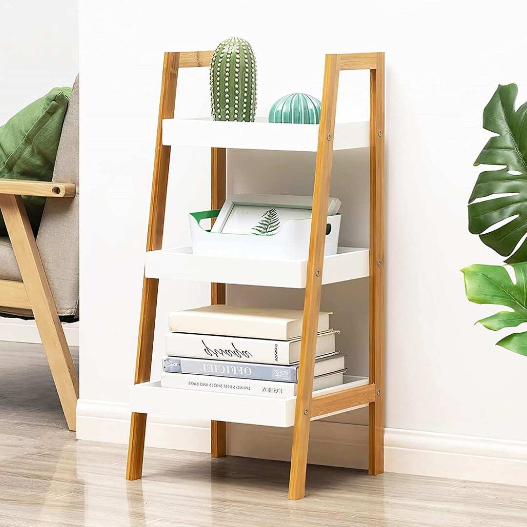 Bamboo Bookshelf Ladder Wood Shelving Unit Bathroom Shelf Etsy UK
