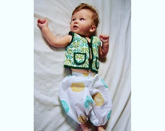 Newborn to 2 Years Baby Turquoise & Turmeric Gold White Mandala Harem Alladin Pants Trousers Pantaloons Indian Block Print Baby Girls Boys