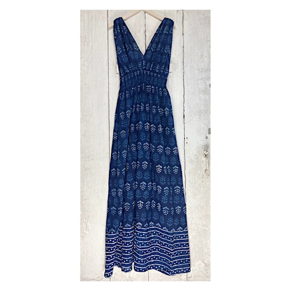 Una Indigo Blue Maxi Dress Cotton V Neck Floral Natural Dye Mud Resist Blockprint Womens Sustainable Clothing