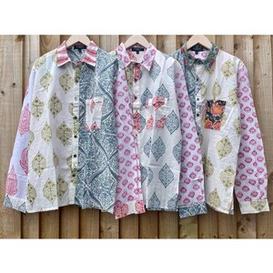 Hand Block Printed Patchwork Shirt, Floral Cotton Top, Size M