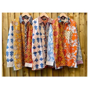 Medium Patchwork Shirt Men&#39;s Women&#39;s Cotton Woodblock Floral Stripe Pattern Fun Casual Relaxed Party Festival