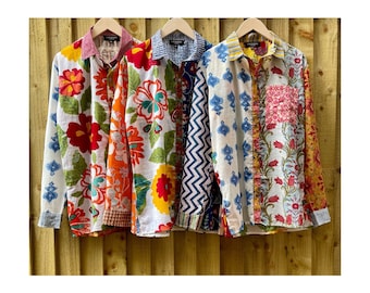XS Patchwork Bomullsskjorta Blocktryck Blommig Herr Dam Helgdag Festival Födelsedag Strandfest