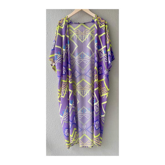 Zick-Zack Sunrise Seide Kimono Jacke Flieder Lila Neon Gelb Lange