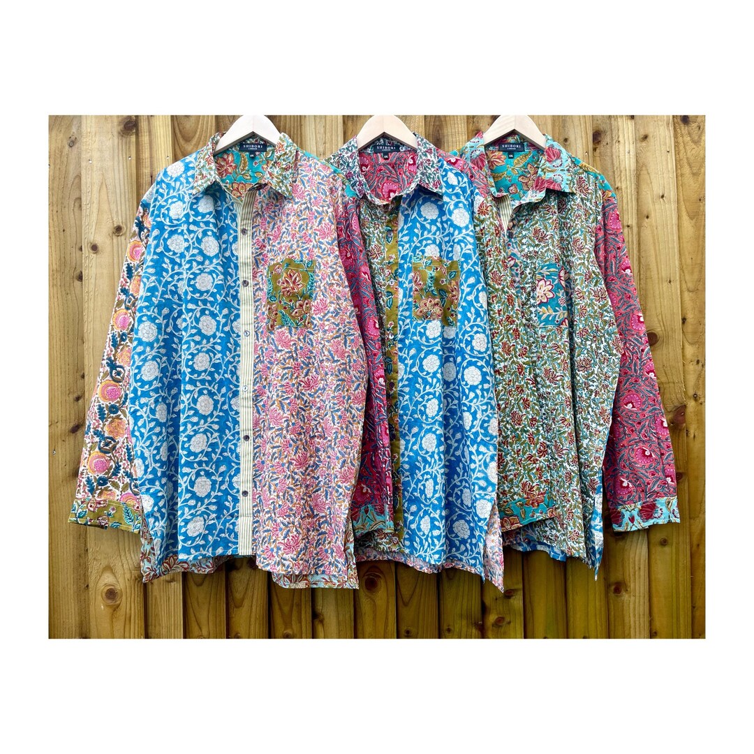 XXL Patchwork Shirt Men's Women's Cotton Woodblock Floral