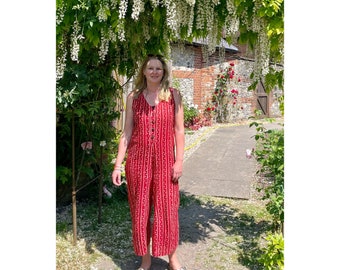 Jumpsuit Red Cotton Striped Block Print - Mud Resist Natural Dye Romper