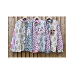 Hand Block Printed Patchwork Shirt, Floral Cotton Top, Size M
