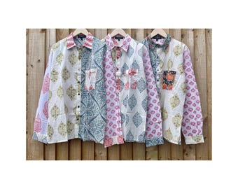 Camisa de patchwork con estampado floral en bloque, talla M