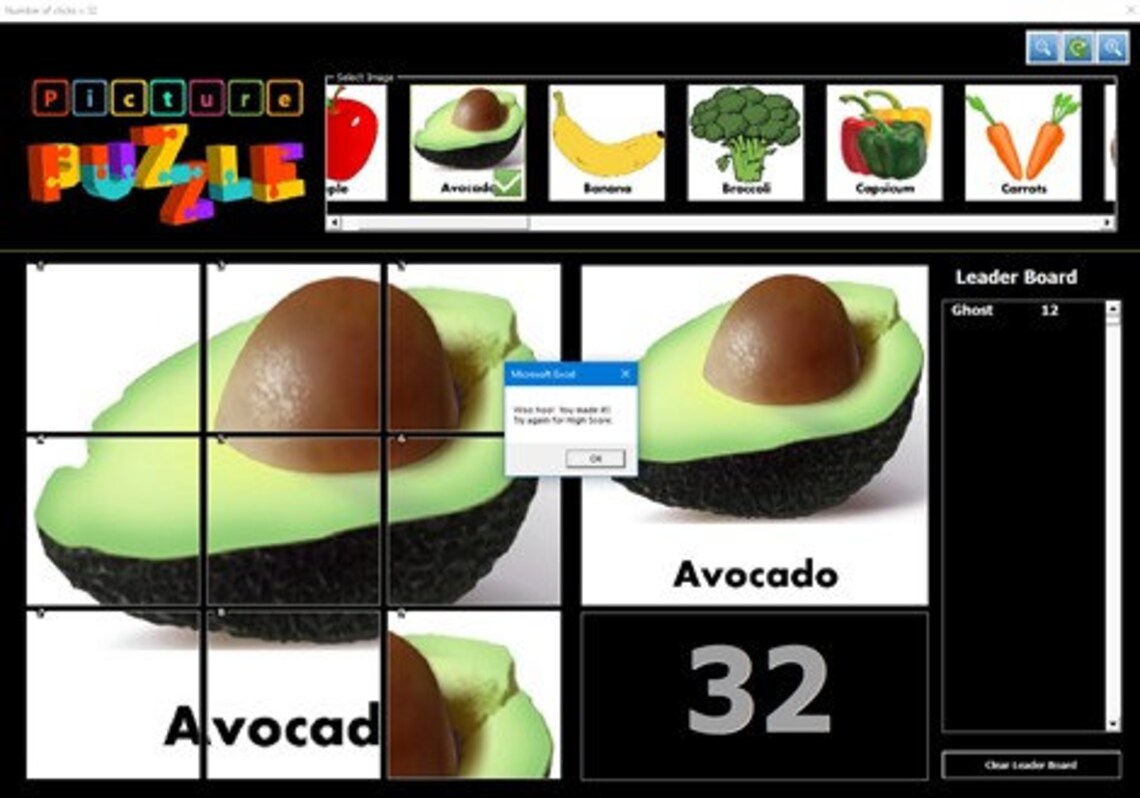 Picture Puzzle Tile Swap Game fruit Excel VBA Workbook instant Download ...