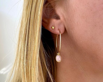 Pink Opal Gold Hoop Earrings, Pink Opal Earrings, Opal Pink Earrings, Gold Hoop Earrings, Gemstone Earrings, Large Hoop Earrings Summer