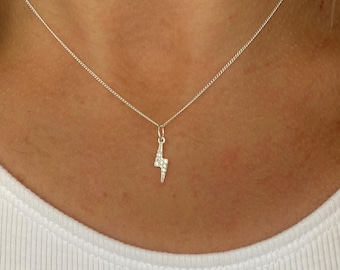 Silver Lightning Bolt Necklace, Sterling Silver Sparkle Lightning Bolt Pendant Necklace