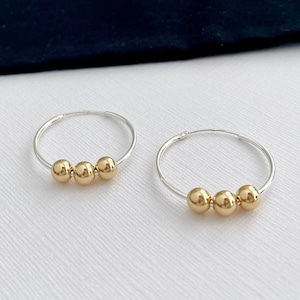 Gold and Silver Bead Hoop Earrings, Sterling Silver Sleeper Hoop Mixed Metal Earrings, Sleeper Hoop Silver and Gold Bead Earrings Sleeper