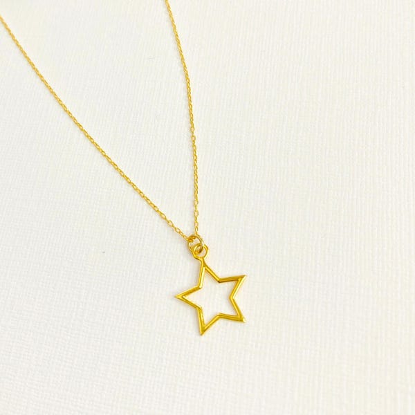 Gold Vermeil Open Star Necklace, Sterling Silver 24K Plated, Adjustable Chain