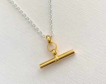 Gold Vermeil T Bar Necklace, Sterling Silver Chain, Modern Jewellery, T-Bar Necklace Mixed Metal Jewellery
