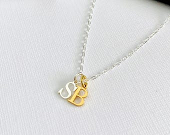 Sterling Silver & Gold Two Letter Necklace, Mixed Metal Initial Necklace, Gold And Silver Initial Charm Necklace, Double Letter Gift