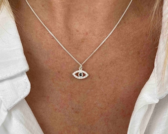 Silver Evil Eye Necklace, Crystal Evil Eye Sterling Silver, Eye Charm Jewellery, All Seeing Eye Necklace, Lucky Necklace Gift, Eye Necklace