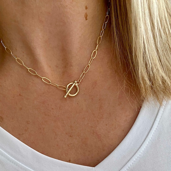 14K Gold Filled Toggle Necklace T Bar Gold Necklace Paperclip Chain Necklace Gold T Bar Chunky Chain Jewellery, Rectangle Link Necklace