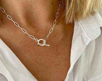 Sterling Silver T Bar Paperclip Chain Necklace T Bar, Paperclip Chain Necklace Toggle Chunky Chain T Bar Jewellery