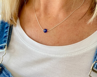 Dainty Evil Eye Bead Necklace, Evil Eye Sterling Silver, Blue Eye Jewellery, Turquoise Eye Necklace, Lucky Necklace Gift, Blue Bead Necklace