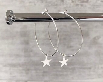 Small Star Silver Earrings, Silver Celestial Earrings, Silver Star Earrings, Sterling Silver Earrings, Star Hoop Earrings Star Lover Gift