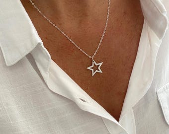 Silver Open Star Necklace Sterling Silver Star Necklace, Star Pendant Necklace, Silver Star Charm Necklace Celestial Jewellery, Star Gift