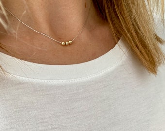 Three Gold Bead Necklace,  Beaded Jewellery, Gold Bead Jewellery Gift, Dainty Jewellery, Birthday Gift Jewellery, Dainty Bead Necklace