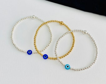 Silver Evil Eye Bracelet All Seeing Eye Bracelet 925 Sterling Silver Bead Bracelet 14K Gold Filled Evil Eye Bead Jewellery, Protection Gift