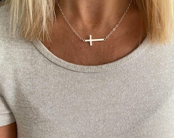 Sterling Silver Cross Necklace, Sideway Cross Necklace Sterling Silver Cross Charm, Baptism Jewellery, Confirmation Jewellery, Cross Gift