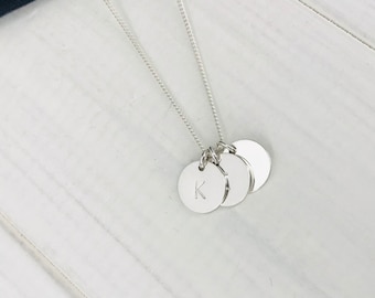 Silver Three Initial Disc Necklace, Sterling Silver Jewellery,  Personalised Necklace, Letter Necklace, Hand Stamped Jewellery, Unique Gift