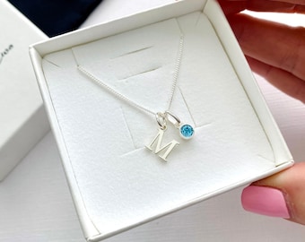 Sterling Silver Initial Necklace with Birthstone Charm, Custom Monogram Birthstone Jewellery