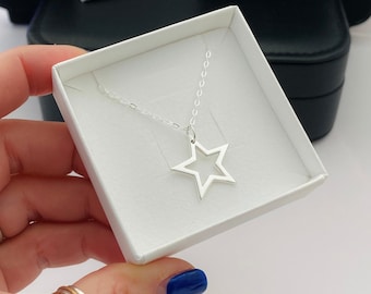 Silver Star Necklace Sterling Silver Star Necklace, Star Pendant Necklace, Silver Open Star Charm Celestial Jewellery, Star Jewellery Gift