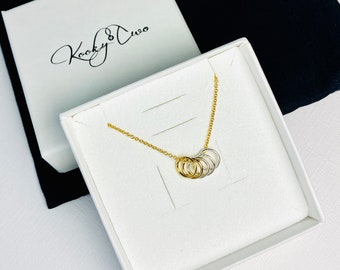 Gold Necklace with Silver & Gold Rings, Mixed Metal Jewellery, Family Jewellery, Friendship Necklace, Milestone Necklace, Personalised Gift