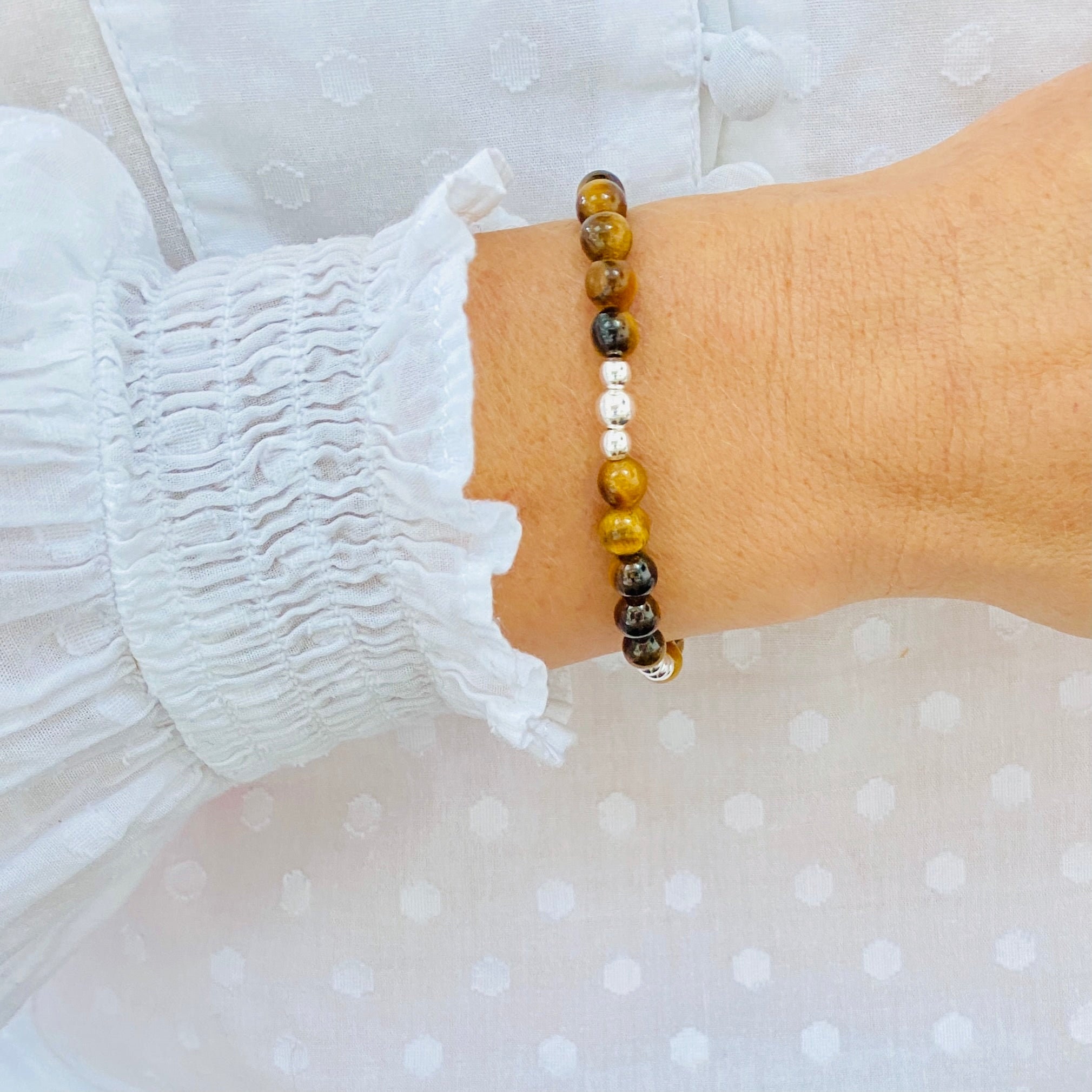 Tiger Eye Bracelet With Silver Accent Solo or Stack Set, Sterling 