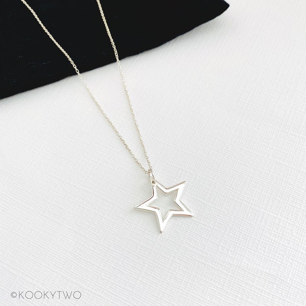 Silver Star Necklace Sterling Silver Star Necklace, Star Pendant Necklace, Silver Open Star Charm Celestial Jewellery, Star Jewellery Gift